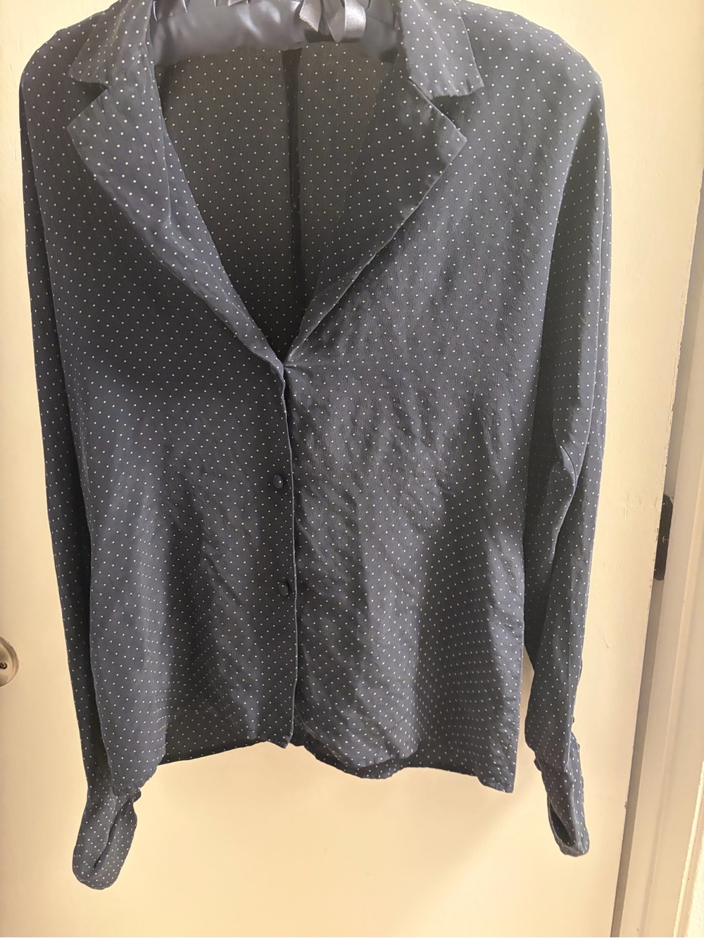 Calvin Klein Navy Blue 100 % Silk Polka Dot Blouse